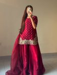 FANCY FRENCH CREEPE ZARI EMBROIDERY WORK TOP PATIYALA WITH DUPATTA RED