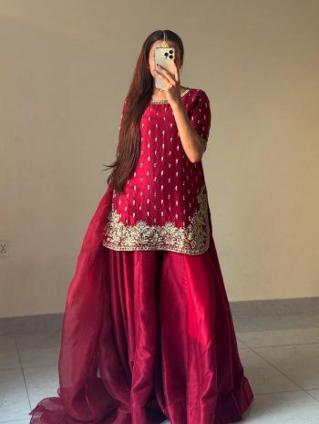 FANCY FRENCH CREEPE ZARI EMBROIDERY WORK TOP PATIYALA WITH DUPATTA RED