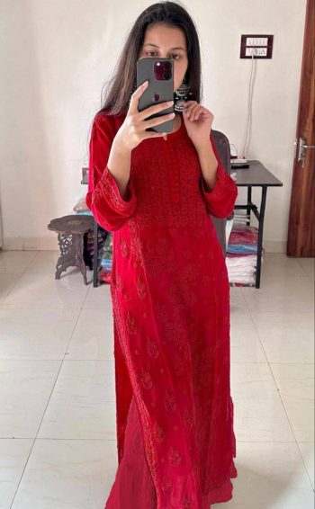 FANCY GEORGETTE BLOOMING COTTON EMBROIDERY WORK TOP PALAZZO WITH DUPATTA RED