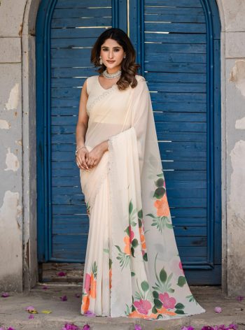 FANCY GEORGETTE DIGITAL PRINT WITH HOT FIX SWARIVSKI DIMOND WORK SAREE WITH UNSTITCHED BLOUSE WHITE