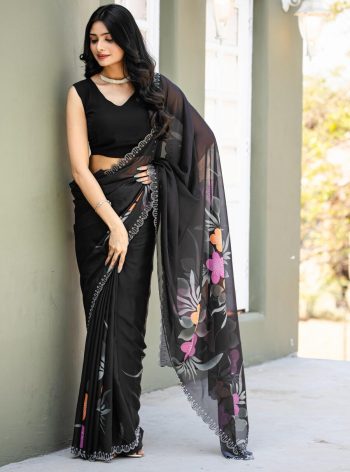 FANCY GEORGETTE DIGITAL PRINT WITH HOT FIX SWARIVSKI DIMOND WORK SAREE WITH UNSTITCHED BLOUSE BLACK