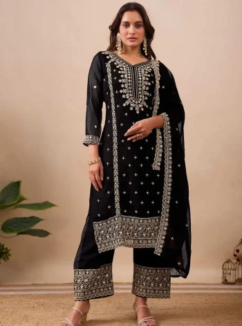 FANCY GEORGETTE EMBROIDERY SEQUENCE WORK TOP BOTTOM WITH DUPATTA BLACK