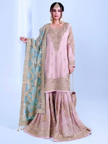 FANCY GEORGETTE EMBROIDERY SEQUENCE WORK WITH HAND WORK TOP SHARARA WITH DUPATTA LAVENDER