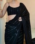 FANCY GEORGETTE EMBROIDERY THREAD AND SEQUENCE WORK SAREE WITH UNSTITCHED BLOUSE BLACK