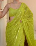 FANCY GEORGETTE EMBROIDERY THREAD AND SEQUENCE WORK SAREE WITH UNSTITCHED BLOUSE PARROT GREEN