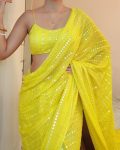 FANCY GEORGETTE EMBROIDERY THREAD AND SEQUENCE WORK SAREE WITH UNSTITCHED BLOUSE LEMON