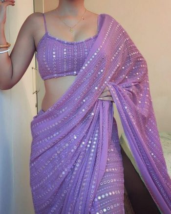 FANCY GEORGETTE EMBROIDERY THREAD AND SEQUENCE WORK SAREE WITH UNSTITCHED BLOUSE LAVENDER