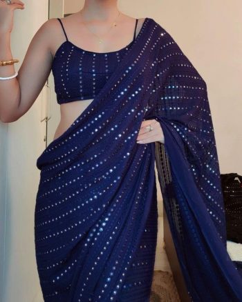 FANCY GEORGETTE EMBROIDERY THREAD AND SEQUENCE WORK SAREE WITH UNSTITCHED BLOUSE NAVY BLUE