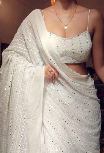 FANCY GEORGETTE EMBROIDERY THREAD AND SEQUENCE WORK SAREE WITH UNSTITCHED BLOUSE WHITE