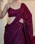 FANCY GEORGETTE EMBROIDERY THREAD AND SEQUENCE WORK SAREE WITH UNSTITCHED BLOUSE MAROON