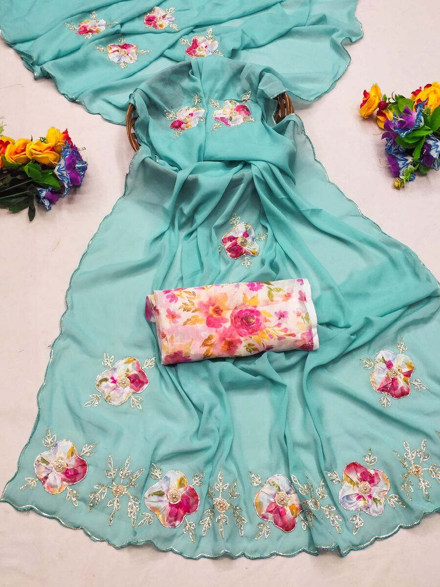 FANCY GEORGETTE HAND WORK PATCH BUTTA WORK SAREE WITH UNSTITCHED BLOUSE WEDDING WEAR WHOLESALE PRICE ETHNIC GARMENT (10)