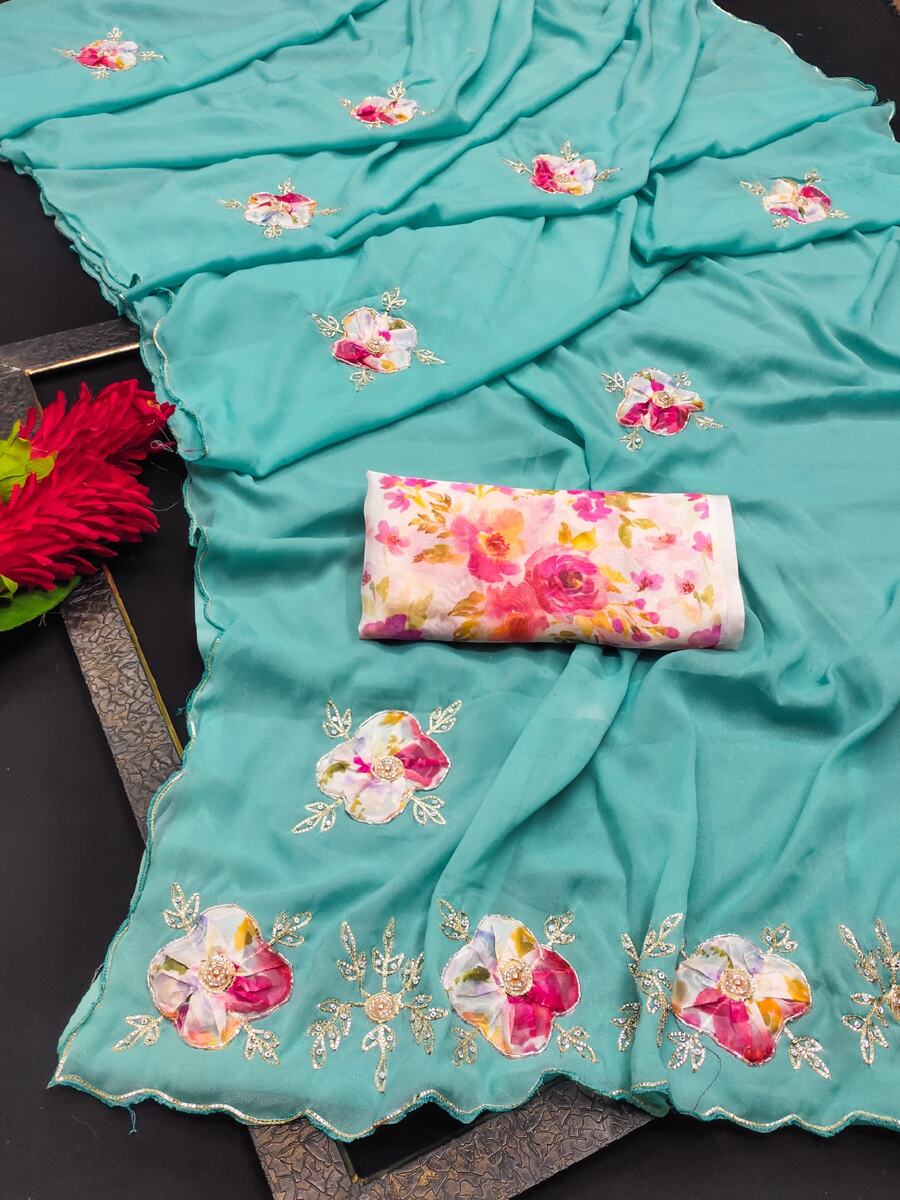 FANCY GEORGETTE HAND WORK PATCH BUTTA WORK SAREE WITH UNSTITCHED BLOUSE WEDDING WEAR WHOLESALE PRICE ETHNIC GARMENT (11)