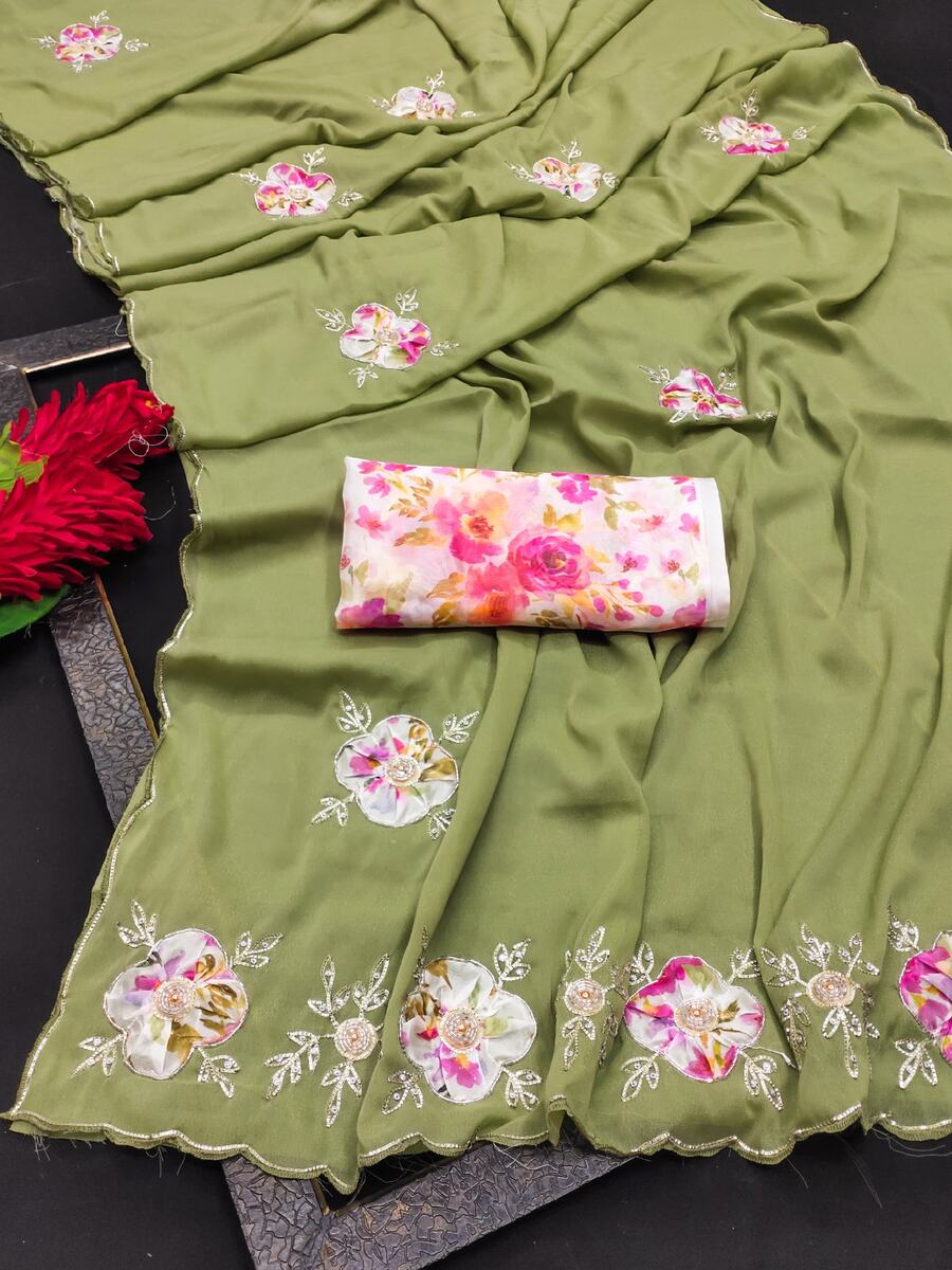 FANCY GEORGETTE HAND WORK PATCH BUTTA WORK SAREE WITH UNSTITCHED BLOUSE WEDDING WEAR WHOLESALE PRICE ETHNIC GARMENT (5)