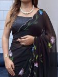 FANCY GEORGETTE HANDPAINT FLOWER PRINT PANEL WORK WITH CUT DANA HANDWORK SAREE WITH UNSTITCHED BLOUSE PARTY WEAR WHOLESALE PRICE ETHNIC GARMENT (11)