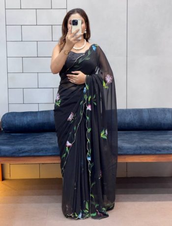 FANCY GEORGETTE HANDPAINT FLOWER PRINT PANEL WORK WITH CUT DANA HANDWORK SAREE WITH UNSTITCHED BLOUSE BLACK