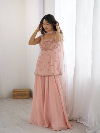 FANCY GEORGETTE SEQUENCE EMBROIDERY WORK TOP PALAZZO WITH DUPATTA BABY PINK