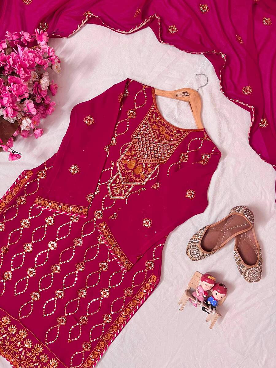 FANCY GEORGETTE SEQUENCE, THREAD & ZARI EMBROIDERY WORK TOP BOTTOM WITH DUPATTA WEDDING WEAR WHOLESALE PRICE ETHNIC GARMENT (1)