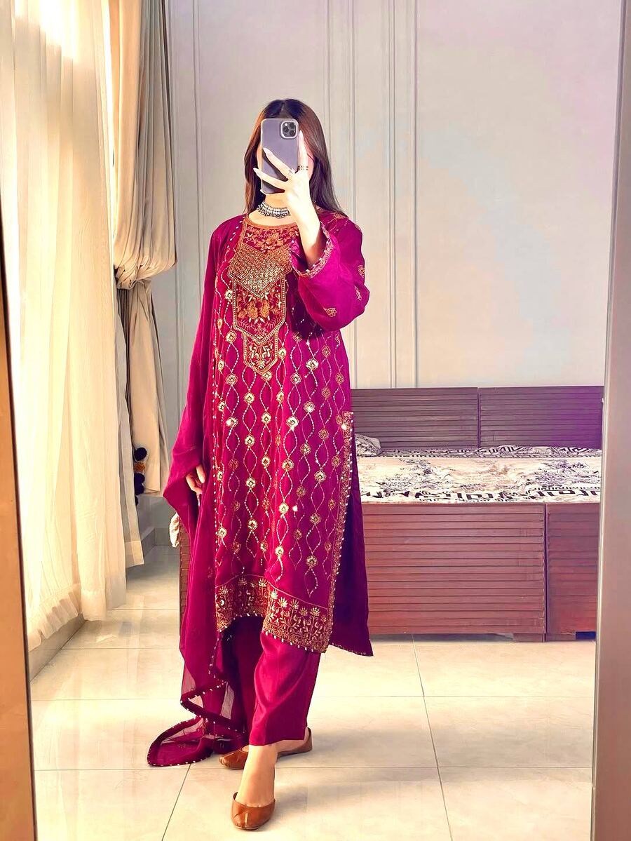 FANCY GEORGETTE SEQUENCE, THREAD & ZARI EMBROIDERY WORK TOP BOTTOM WITH DUPATTA WEDDING WEAR WHOLESALE PRICE ETHNIC GARMENT (10)