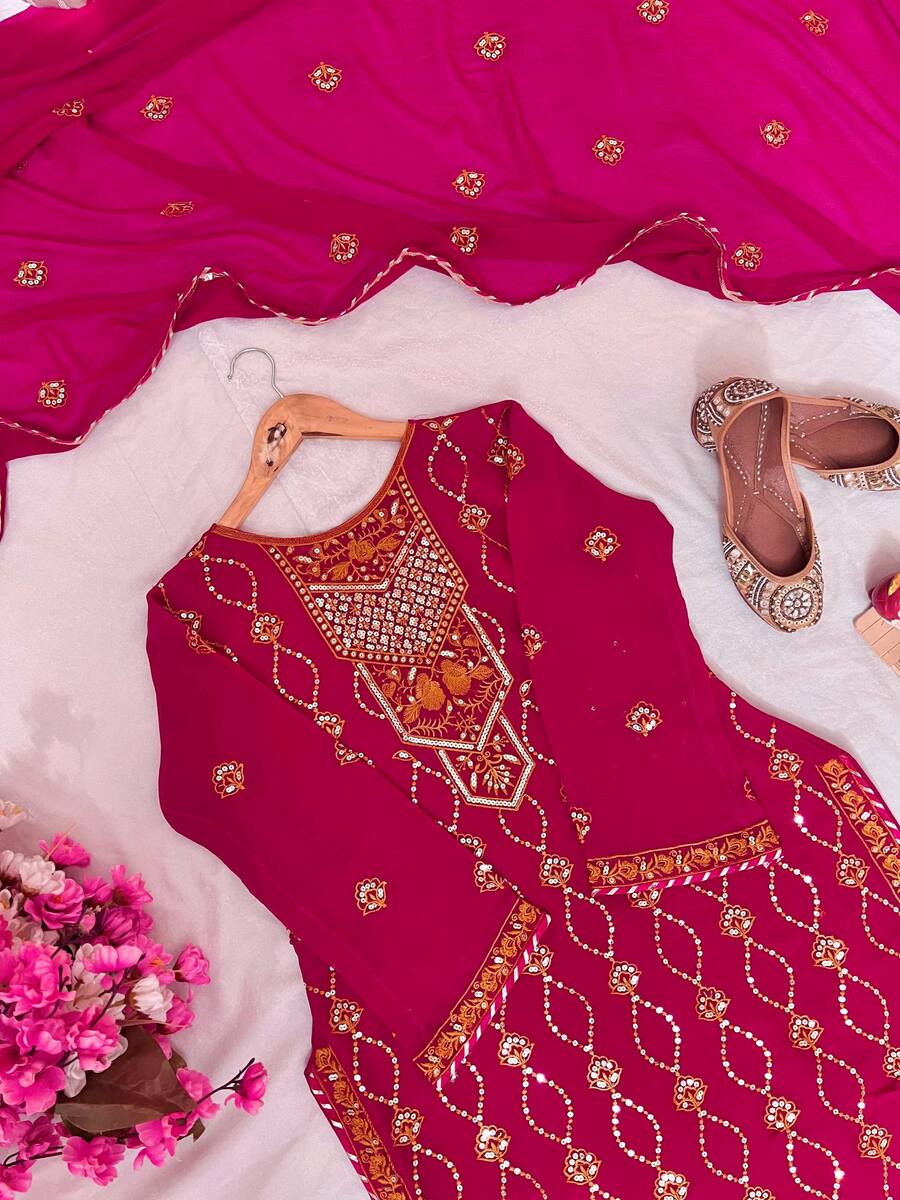 FANCY GEORGETTE SEQUENCE, THREAD & ZARI EMBROIDERY WORK TOP BOTTOM WITH DUPATTA WEDDING WEAR WHOLESALE PRICE ETHNIC GARMENT (11)