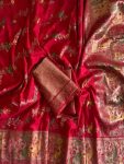 FANCY KADI CREEP GEORGETTE MEENAKARI JACQUARD WEAVING WITH HAND DYING SAREE WITH UNSTITCHED BLOUSE RED