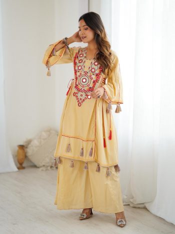 FANCY KHADI COTTON EMBROIDERY SEQUENCE WORK WITH REAL MIRROR WORK KURTI PALAZZO SET CREAM