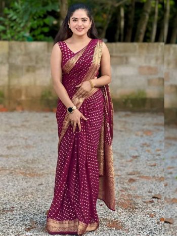 FANCY LICHI SILK RICH PALLU & JACQUARD WORK SAREE WITH UNSTITCHED BLOUSE WINE