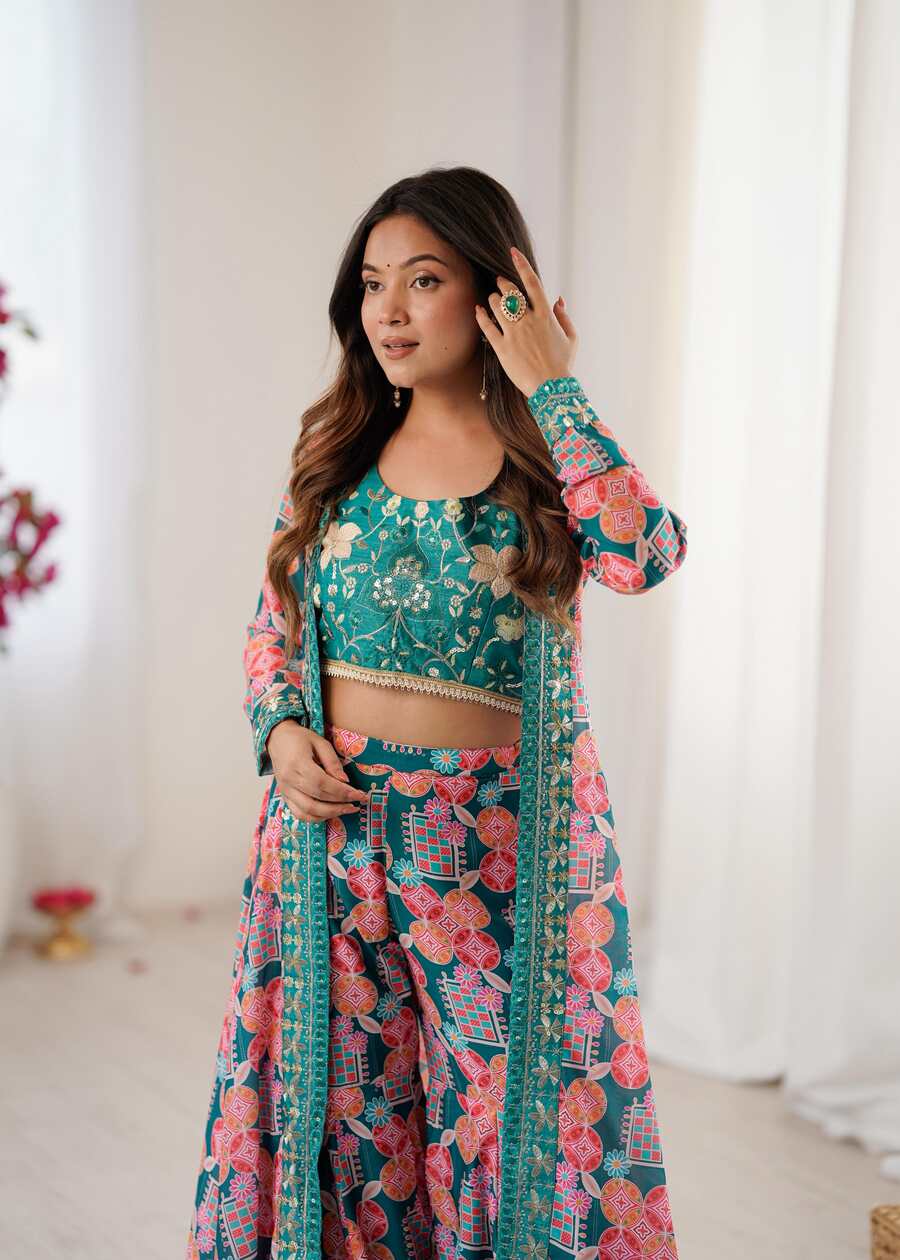 FANCY MUSLIN DIGITAL PRINT WITH EMBROIDERY SEQUENCE WORK BLOUSE SHRUG WITH PALAZZO PARTY WEAR WHOLESALE PRICE ETHNIC GARMENT (10)