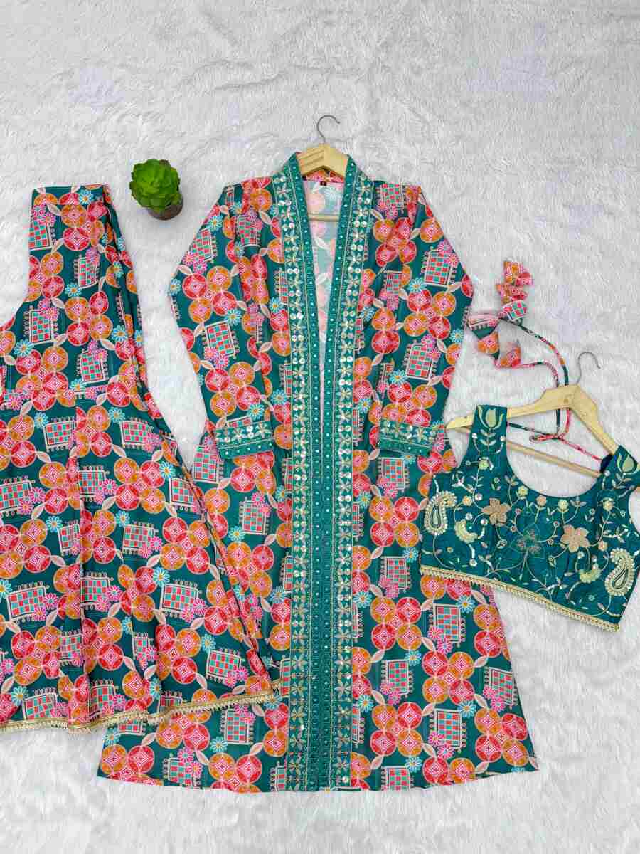 FANCY MUSLIN DIGITAL PRINT WITH EMBROIDERY SEQUENCE WORK BLOUSE SHRUG WITH PALAZZO PARTY WEAR WHOLESALE PRICE ETHNIC GARMENT (14)