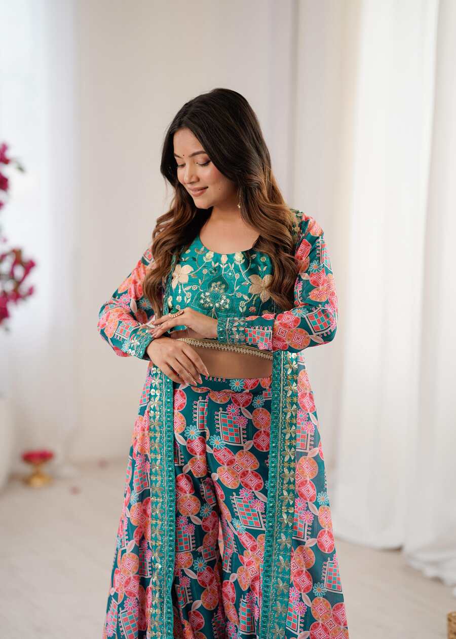 FANCY MUSLIN DIGITAL PRINT WITH EMBROIDERY SEQUENCE WORK BLOUSE SHRUG WITH PALAZZO PARTY WEAR WHOLESALE PRICE ETHNIC GARMENT (2)