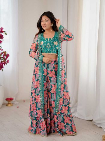 FANCY MUSLIN DIGITAL PRINT WITH EMBROIDERY SEQUENCE WORK BLOUSE SHRUG WITH SHARARA MULTI