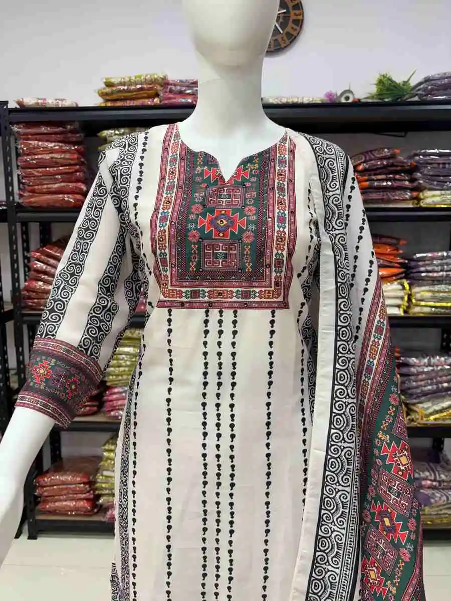 FANCY MUSLIN HAND KHATLI MIRROR WORK TOP BOTTOM WITH DUPATTA FESTIVE WEAR WHOLESALE PRICE ETHNIC GARMENT (5)