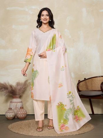 FANCY MUSLIN SILK DIGITAL PRINT WORK TOP BOTTOM WITH DUPATTA CREAM