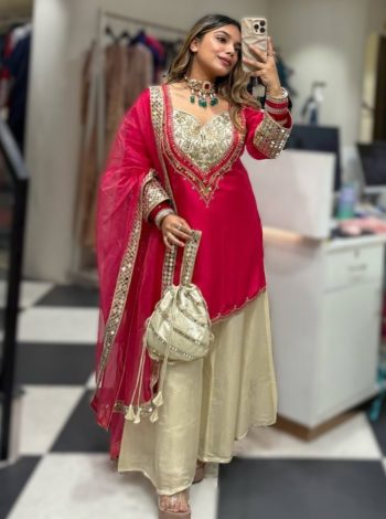 FANCY NATURAL CREPE EMBROIDERY WITH ORIGINAL HAND MIRROR WORK TOP PALAZZO WITH DUPATTA RANI
