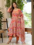 FANCY ORGANZA FLORAL PRINT WORK GOWN BOTTOM WITH DUPATTA ORANGE