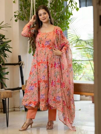 FANCY ORGANZA FLORAL PRINT WORK GOWN BOTTOM WITH DUPATTA ORANGE