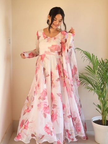 FANCY ORGANZA SILK DIGITAL PRINTED GOWN WITH DUPATTA WHITE