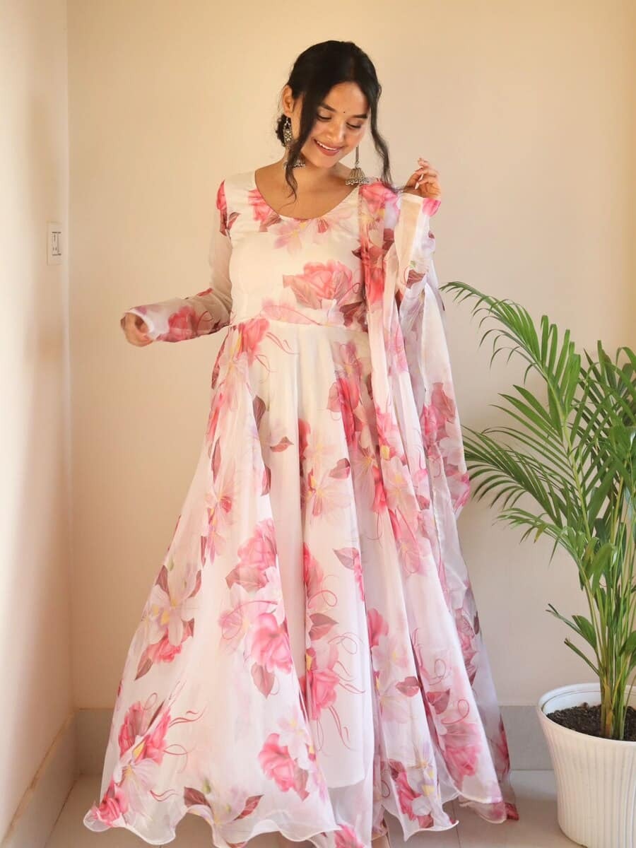 FANCY ORGANZA SILK DIGITAL PRINTED GOWN WITH DUPATTA WHITE