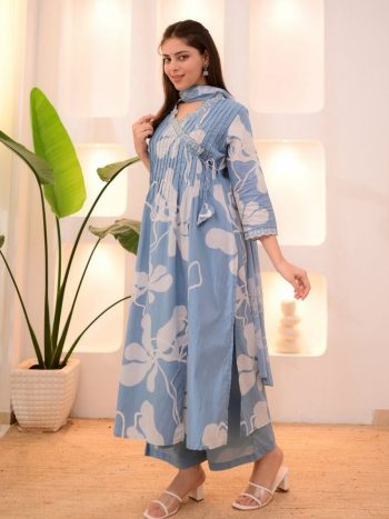 FANCY PURE COTTON FLORAL PRINT WITH PINTEX WORK TOP BOTTOM WITH DUPATTA SKY