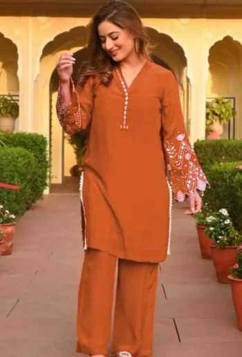 FANCY RAYON EMBROIDERY WORK CO-ORD SET ORANGE