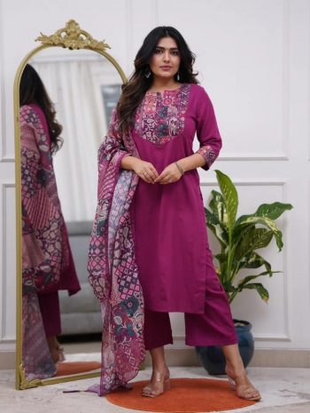 FANCY RAYON EMBROIDERY WORK TOP BOTTOM WITH DUPATTA PURPLE