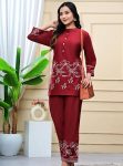 FANCY RAYON SILK EMBROIDERY WORK CO-ORD SET MAROON