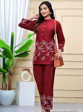 FANCY RAYON SILK EMBROIDERY WORK CO-ORD SET MAROON