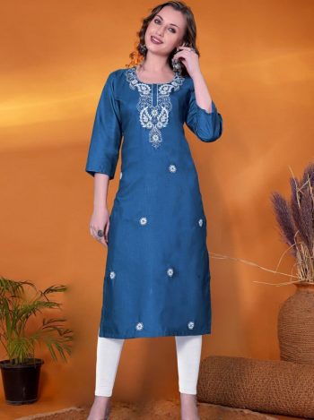 FANCY RAYON SLUB EMBROIDERY WORK KURTI BLUE