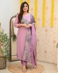 FANCY ROMAN SILK DIGITAL PRINTED WORK TOP BOTTOM WITH DUPATTA LAVENDER