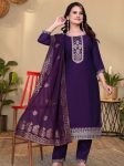 FANCY ROMAN SILK EMBROIDERY WORK TOP BOTTOM WITH DUPATTA PURPLE