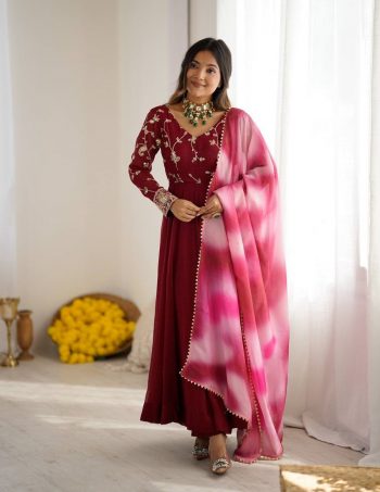 FANCY RUNCHY SILK EMBROIDERY SEQUENCE WORK GOWN BOTTOM WITH DUPATTA MAROON