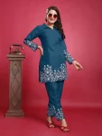 FANCY SLUB COTTON EMBROIDERY CHIAN WORK CO-ORD SET TEAL