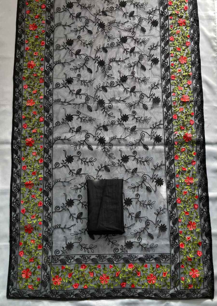 FANCY SOFT NET CHIKANKARI EMBROIDERY WITH PIPING BORDER WORK SAREE WITH UNSTITCHED BLOUSE PARTY WEAR WHOLESALE PRICE ETHNIC GARMENT (1)