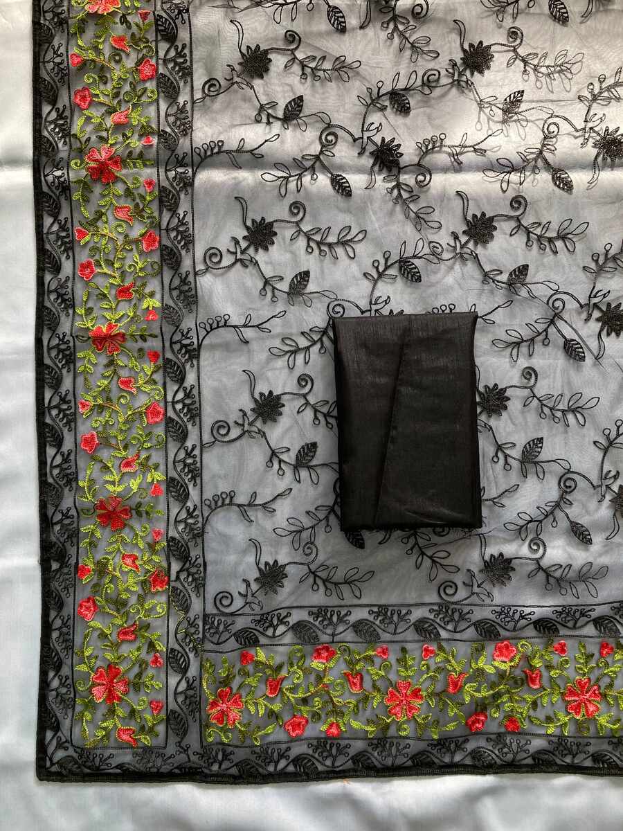 FANCY SOFT NET CHIKANKARI EMBROIDERY WITH PIPING BORDER WORK SAREE WITH UNSTITCHED BLOUSE PARTY WEAR WHOLESALE PRICE ETHNIC GARMENT (11)