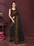 FANCY SOFT NET CHIKANKARI EMBROIDERY WITH PIPING BORDER WORK SAREE WITH UNSTITCHED BLOUSE BLACK